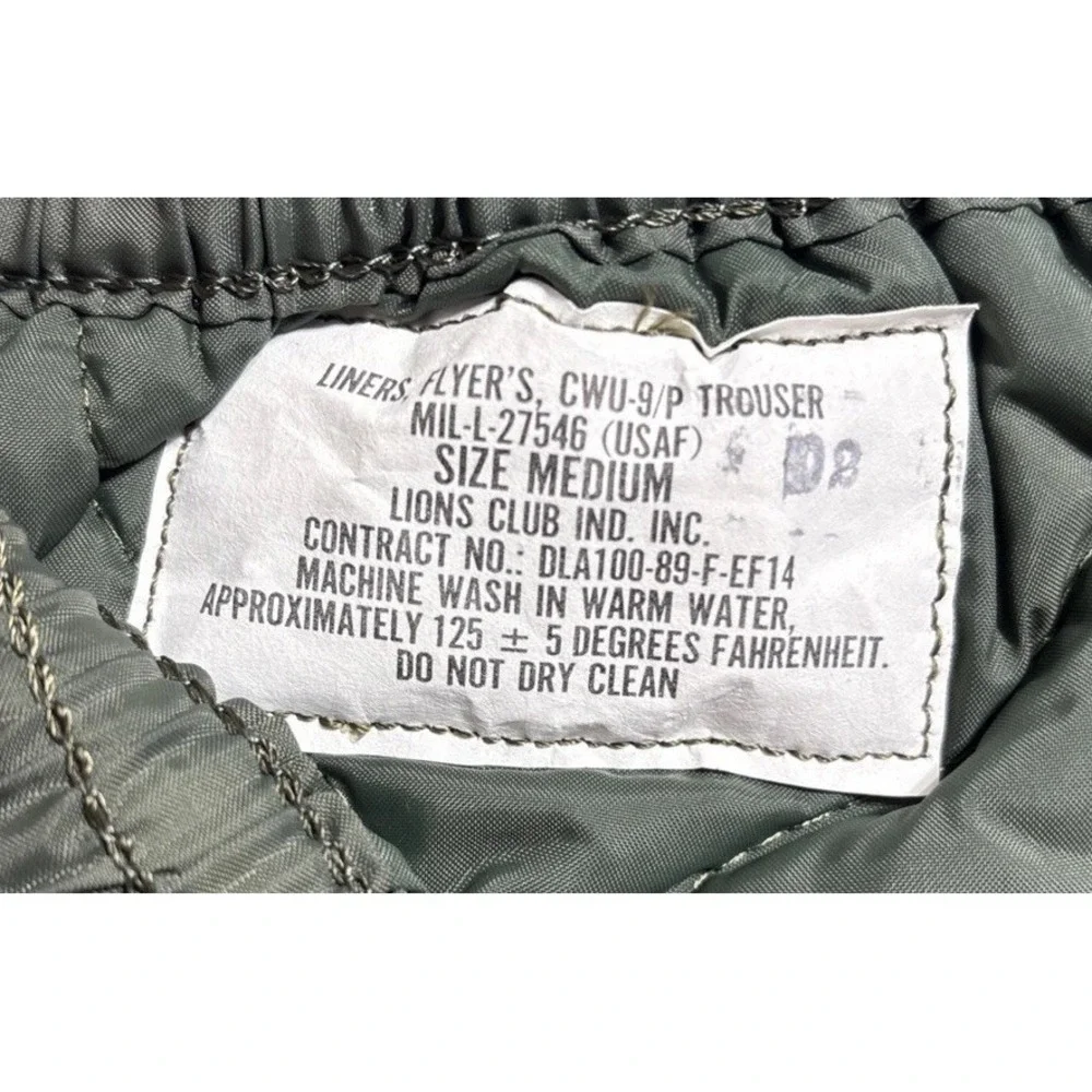 USAF CWU-9/P Flyers Liner Trousers Men's Medium Green Quilted Military Pants VTG